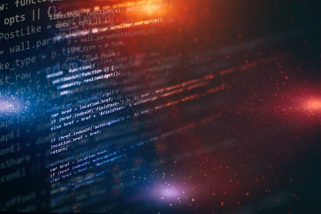 Photo developer programming code. abstract computer script code. programming code screen of software developer. software programming work time.