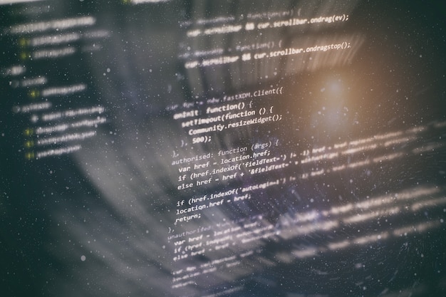 Photo developer programming code. abstract computer script code. programming code screen of software developer. software programming work time.