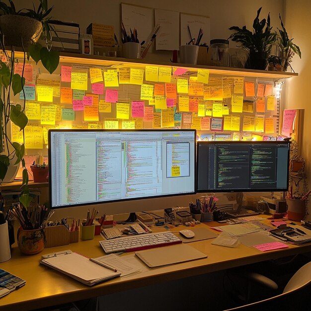Photo a developers workspace filled with sticky notes code snippets and project trackers1