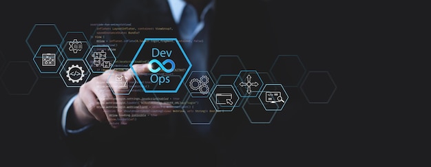 Photo devops software development and it operations software engineer project manager working in agile methodology dev ops icon and javascript development operations programming technology concept