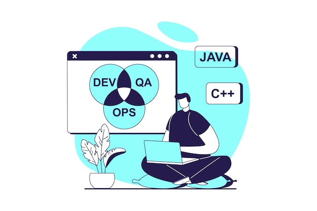 Photo devops web concept with flat people for website design man working with agile workflow cycles of management and code engineering creating and release products in teamwork vector illustration