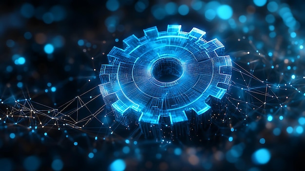 Photo digital 3d gear icon with binary code artificial intelligence in system setting optimization