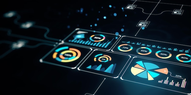 Photo digital dashboard with data visualizations on dark background 3d rendering