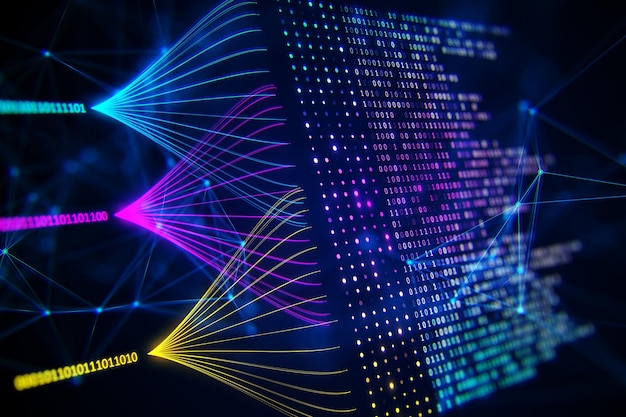 Photo digital data and network connection concept in cyberspace binary code strings on dark blue background creative technology backdrop 3d rendering