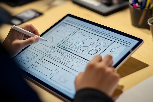 Photo digital design innovation sketching website prototype on tablet