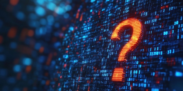 Photo digital enigma question mark embedded in binary code