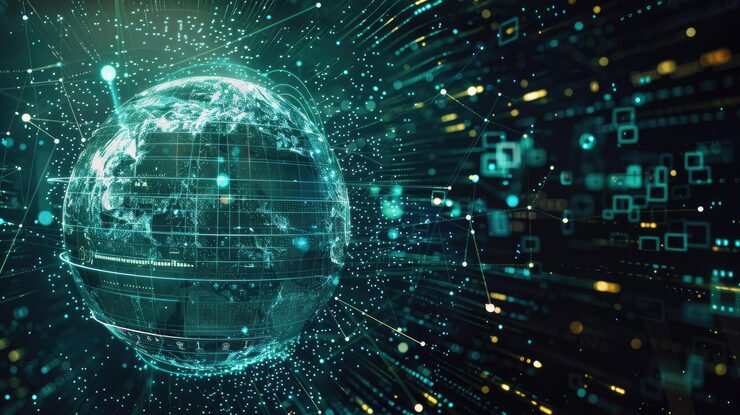 Digital globe surrounded by abstract data clouds representing cloud computing