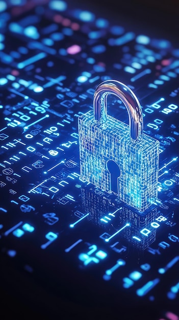 Photo digital lock securing private data with binary code representing cybersecurity and data protection in high tech environment glowing padlock symbolizes safety and security in digital age