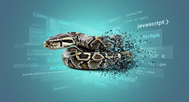Photo digital python breaking apart with code snippets in background