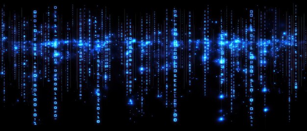 Photo a digital representation of cascading blue binary code against a black background