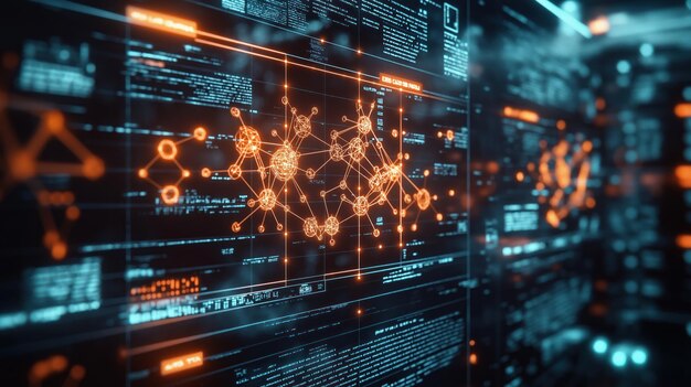 Photo digital screens display complex data visualizations molecular models advanced ai algorithms