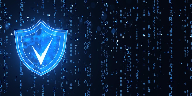 Photo digital shield with check mark on binary code background 3d rendering