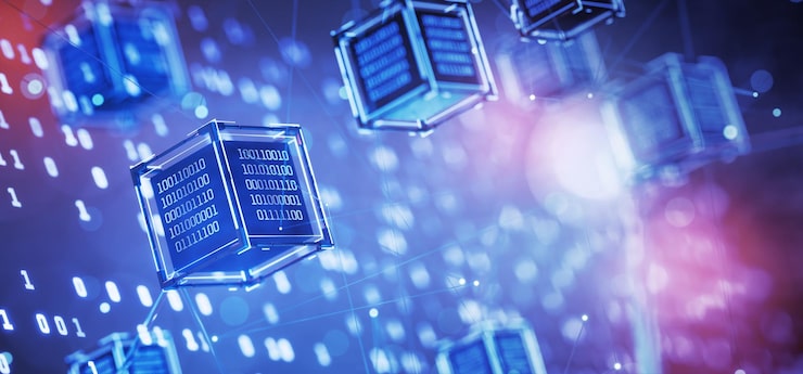 Digital technologies Cube with binary code Blockchain Artificial Intelligence Abstract technical background Computer code Hacker attack Data block Binary code Big data Ai 3D rendering