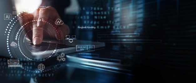 Photo digital technology data processing and engineering cloud computing concept computer programmer coding on laptop database management with data center innovative technology background