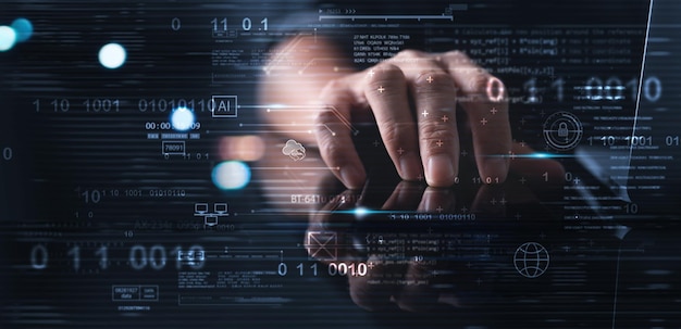 Photo digital technology software development ai artificial intelligence concept computer programmer or software engineer programming with computer code and cloud computing technology background