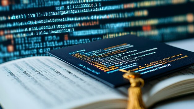 Photo diploma resting on open book with digital code background