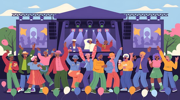 Photo diverse crowd of people cheering at a concert with balloons