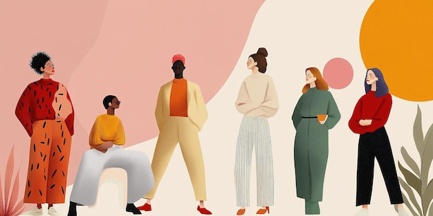 Photo diverse group of women standing together in stylish outfits against a colorful backdrop