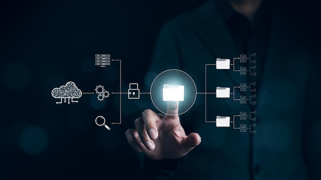 Photo dms document management system concept businessman working and using online documentation database management software technology process automation to manage files efficiently cloud data computing