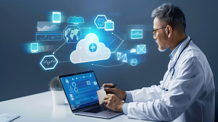 Doctor using computer backup data on Cloud Computer technology and storage online for computer computer backup storage data Internet technology backup online document