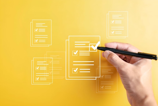 Photo document management checking system online documentation database and process manage files magnifier check and focus to document folder documentation corporate business technology concept