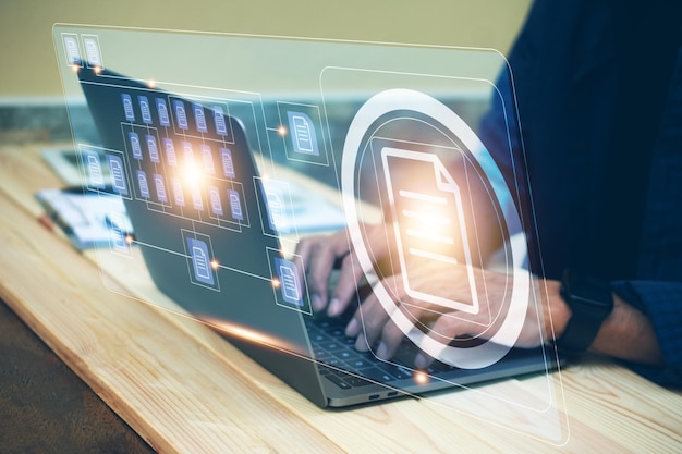 Photo document management concept businessman using computer to document management concept online documentation database and digital file storage system or software records keeping database technology
