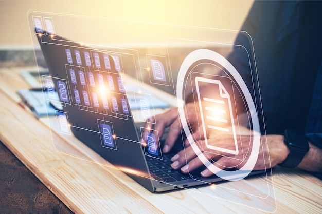 Photo document management concept businessman using computer to document management concept online documentation database and digital file storage system or software records keeping database technology
