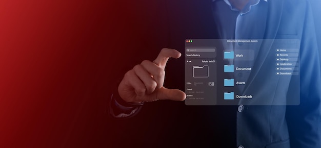 Photo document management concept virtual screen icons document management system dms online document database software for efficient archiving searching and management of company files and data