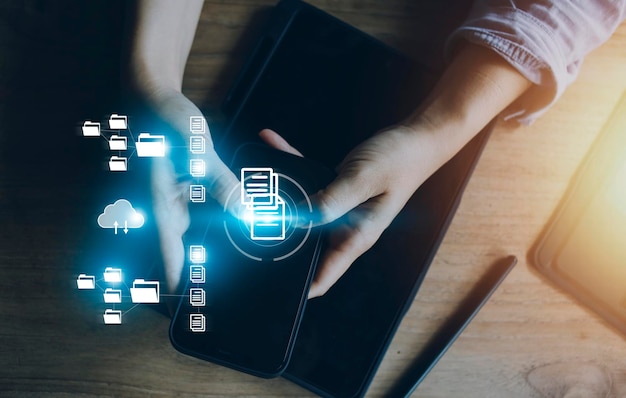 Photo document management system dms online documentation database and process automation to efficiently manage files knowledge and documentation in enterprise with erp corporate business technology