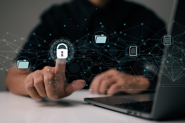 Photo document security concept document management system dms online documentation database and digital file storage log in to the cloud computing system network to gain access to files