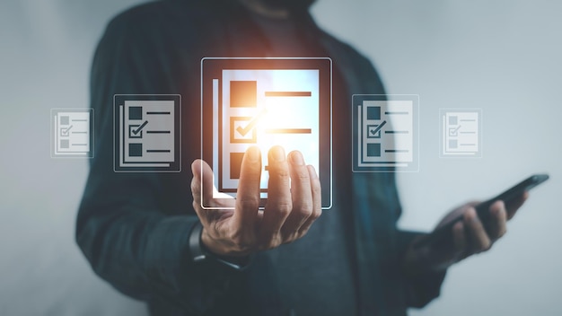 Photo documents management information system concept businessman using visual screen internet for documents management information system and erp program data directory in company erp document management