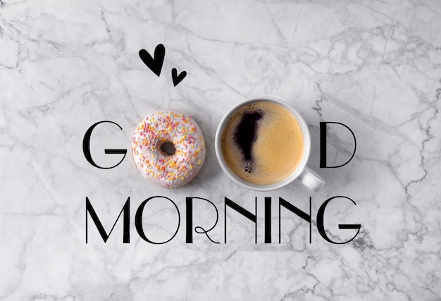 Photo donut, cup of coffee and hearts. good morning greeting written on marble gray