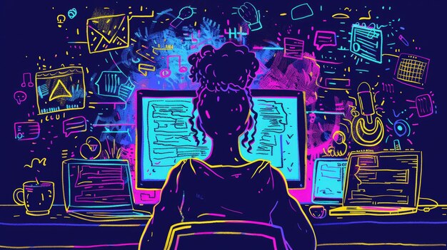 Photo doodle of a person in front of a computer with floating objects like code snippets and programming icons symbolizing a coding tuto