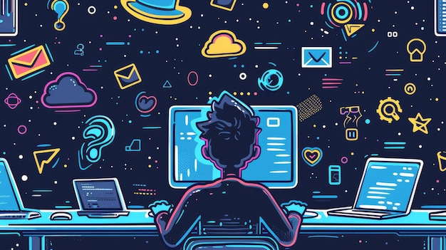 Photo doodlestyle illustration of a coding tutor at a computer surrounded by floating coding symbols and programming elements