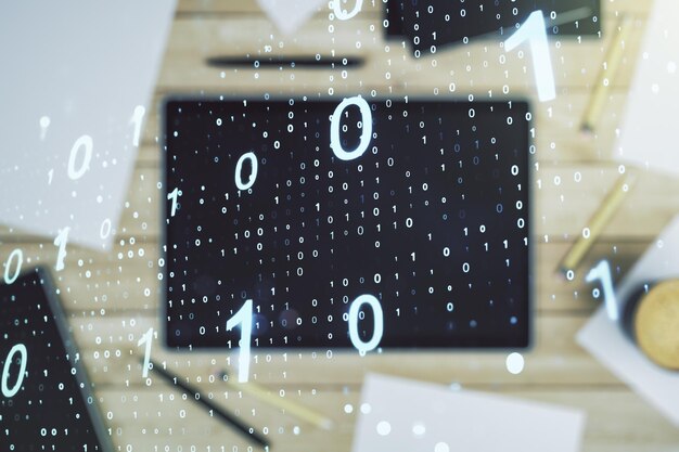 Photo double exposure of creative abstract binary code hologram and digital tablet on background top view database and programming concept