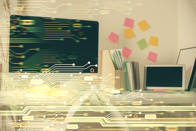Photo double exposure of data theme drawing and office interior background concept of technology