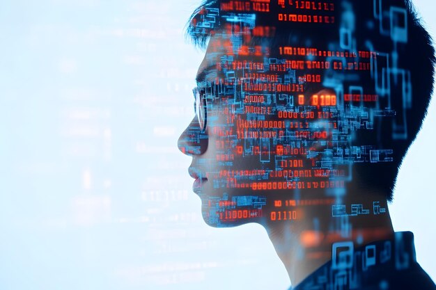 Photo a double exposure portrait of a programmer analyzing code with binary and abstract algorithms