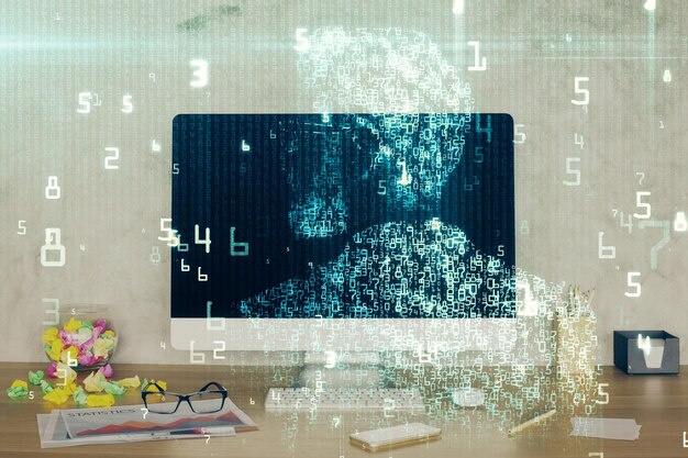 Photo double exposure of table with computer on background and data theme hologram data technology concept
