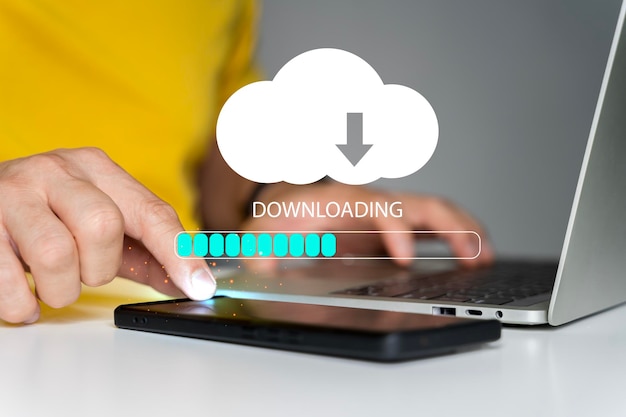 Photo download processing data concept downloading data from cloud storage person using smartphone