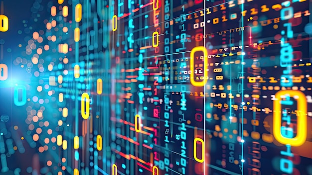 Photo a dynamic digital background designed for technological operations featuring neural networks ai algorithms data transmission encryption codes and digital archives