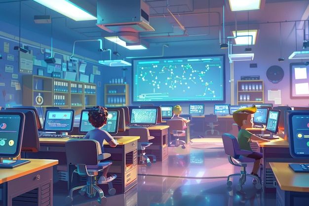 Photo elementary school students learn computer science and coding