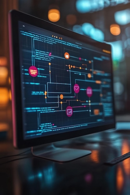 Photo email automation a computer screen displays a flowchart of an automated email sequence