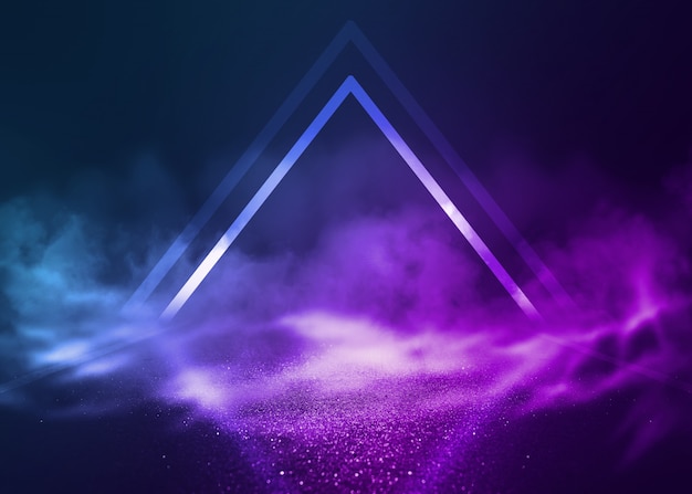 Photo empty background scene. dark street reflection on wet asphalt. rays of neon light in the dark, neon shapes, smoke. background of an empty stage show. abstract dark background.