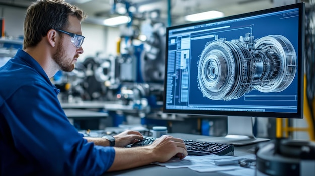 engineer analyzing 3d engine design on computer