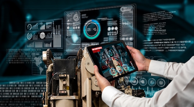 Photo engineer use augmented reality software in smart factory production line