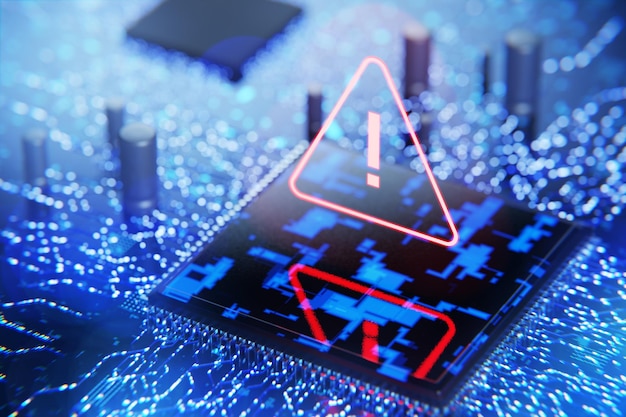 Photo error warning sign notification and concept of danger and error in the system personal data protection system notification hacker attack virus attack ddos attacks spy program 3d render