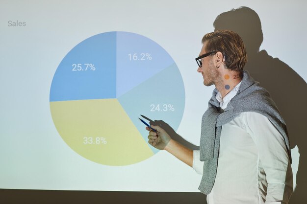 Photo explaining pie chart at annual meeting