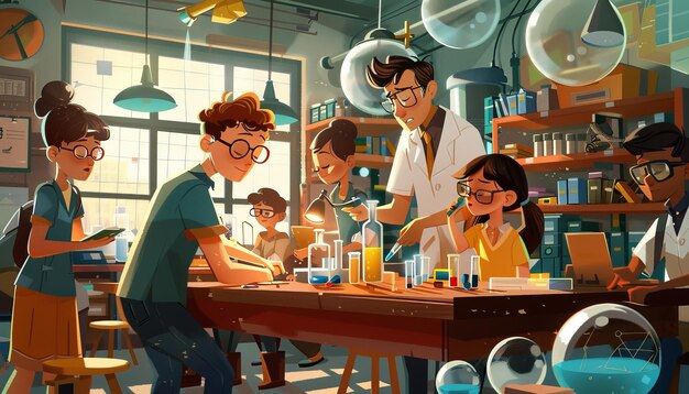 Photo explore world of scientific inquiry with an illustration showcasing a teacher and students engaged