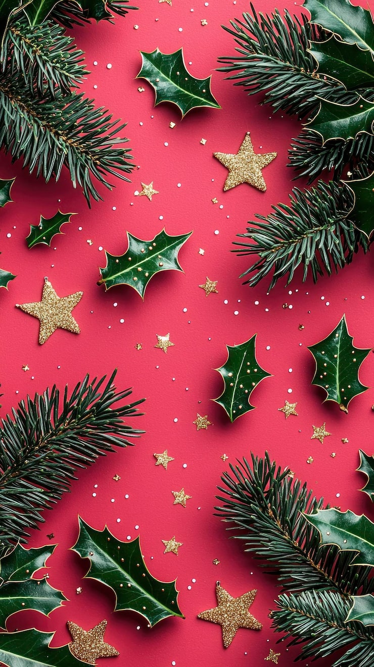 Photo festive christmas background with holly leaves and gold stars on red
