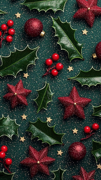 Photo festive christmas background with holly stars and berries